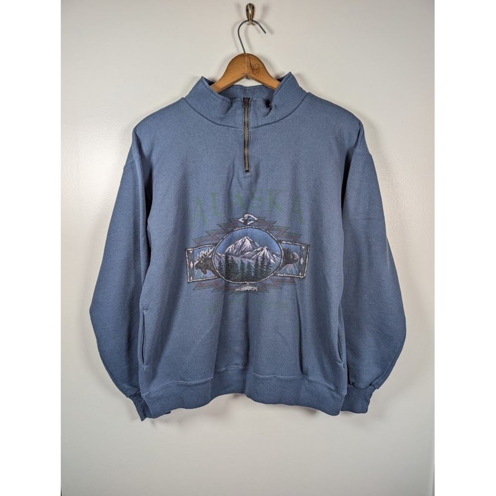 Vintage 90s Alaska Sweatshirt Men's XL Prairie Mountain 1/4‎ Zip Lodge Fishing